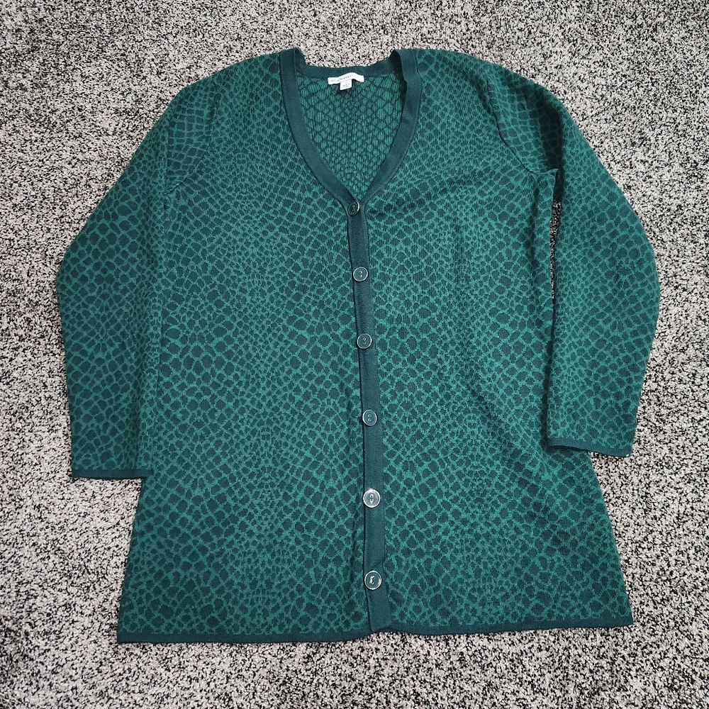 Isaac Mizrahi Live! Animal Print Green Leopard Snakeskin Jacquard Cardigan Sz‎ L